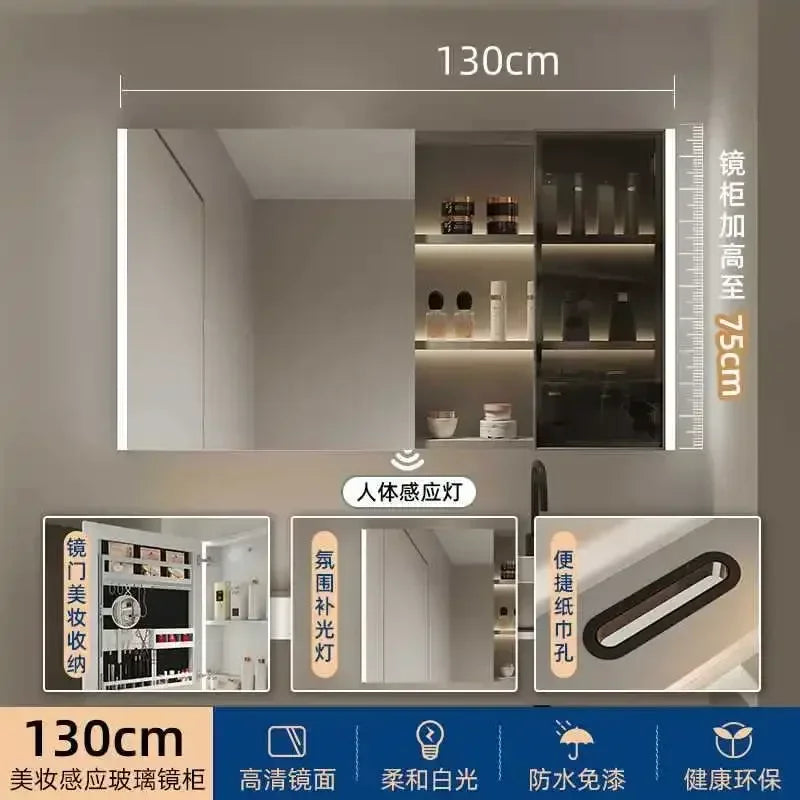 Smart Bathroom Cabinets Makeup Mirror Storage Cabinet LED Light Wall Mirror Cabinet with Time Digital Display Bathroom Furniture