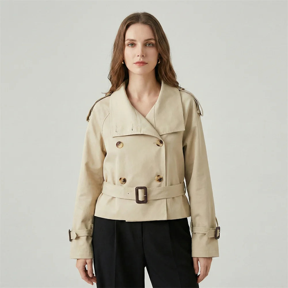 Khaki Short Style Fashionable Casual Design Spring Autumn Women's Windbreaker Coat Street Trend Street Style Double Breasted - 50% off.