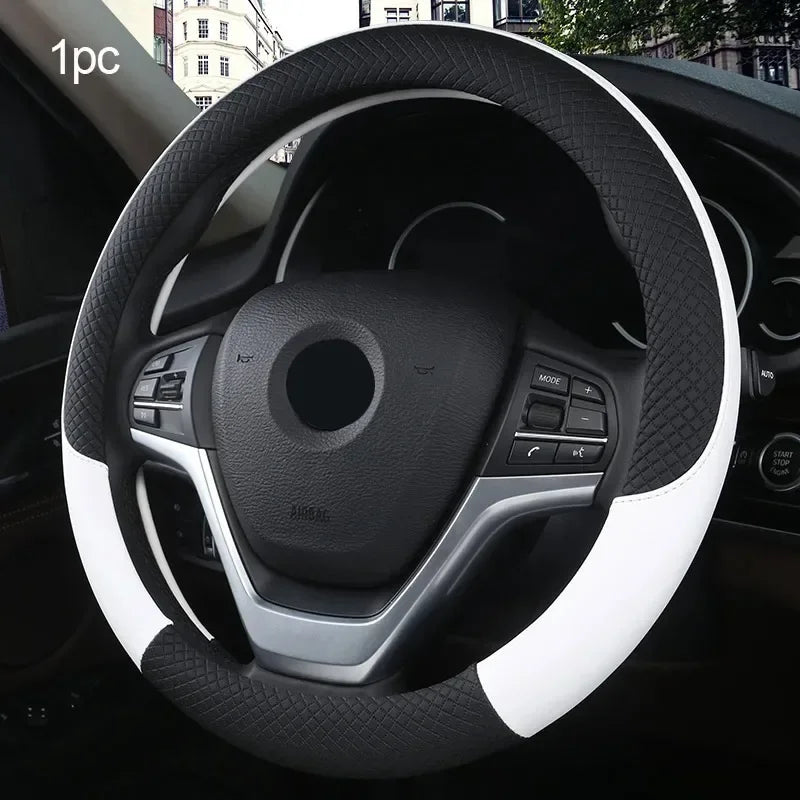 38cm Steering Wheel Cover PU Leather Anti Slip Steer Wheel Protector Breathable Fiber Braid Universal Steering Cover