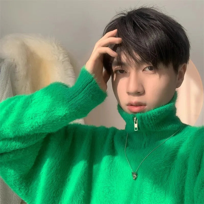 Half zip high neck sweater for men and women, loose and versatile. Knitted sweater for winter 2023, wearing a plush top on top