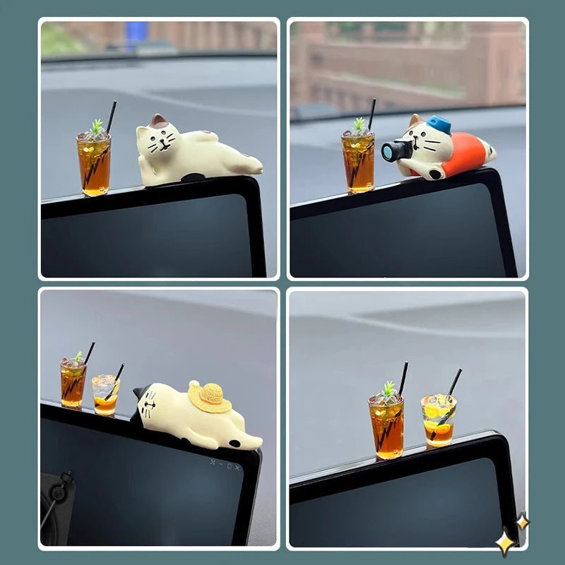 Auto Interior DIY Mini Cat Lemon Tea Coffee Scene Car Dashboard Ornaments Accessory