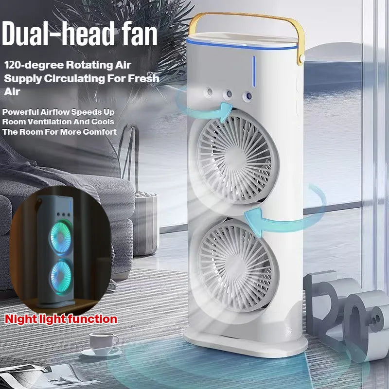 New 3 in 1 Dual-head Fan Household Mini Air Cooler LED Night Light Portable Humidifier Air Adjustment Fan for Office, Home