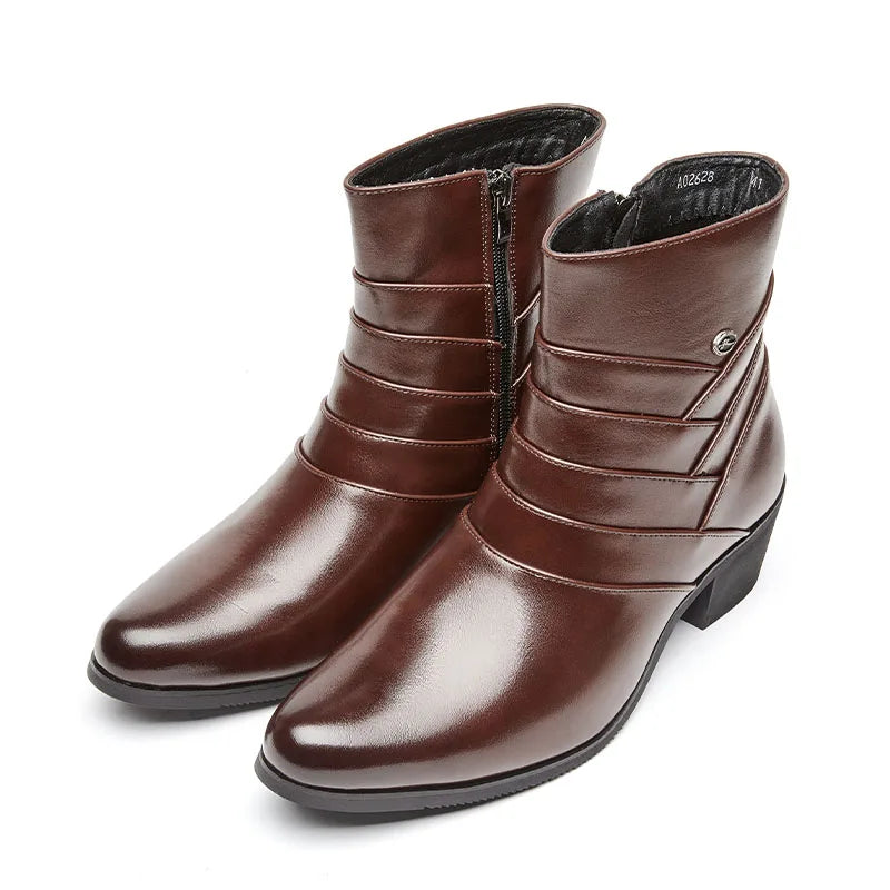 Luxury Men Boots Leather Chelsea Boots High Top Buckle Strap Formal Shoes Black British Style Ankle Boots Pointed Toe Brown Boot