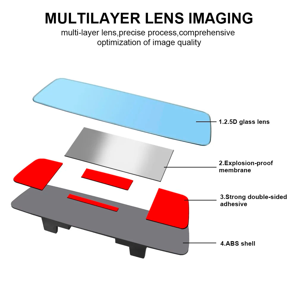 2.5D Full Creen HD Glass Car Interior Rear View Mirror 3000R Micro Curvature Lens Anti-glare Wide-angle Blue Frameless Mirror