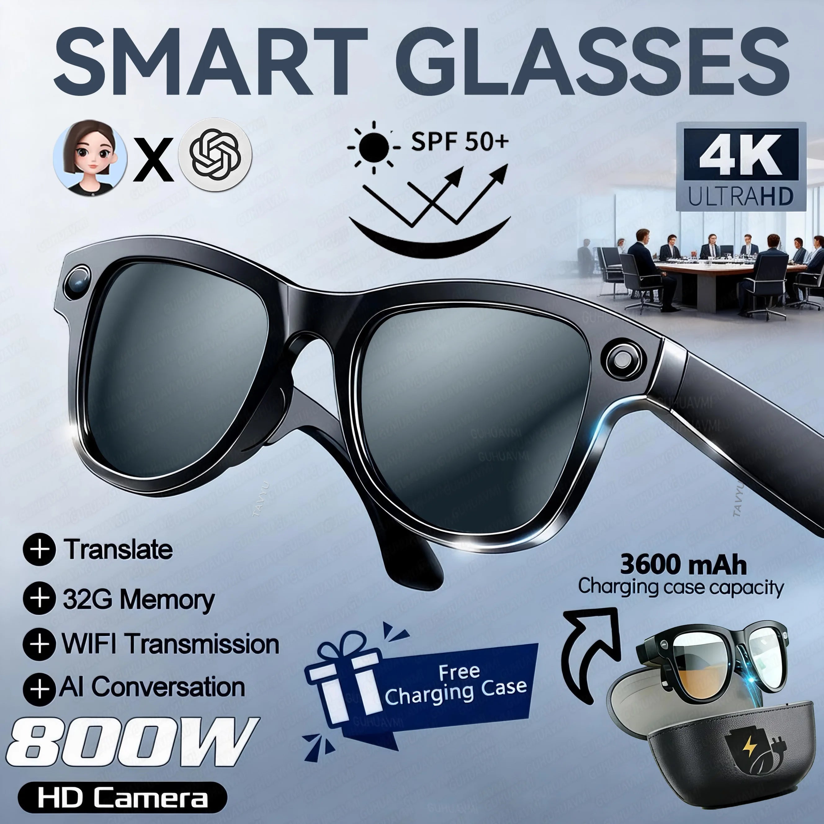 New 800W 4k HD Camera Smart Glasses Men 3600mAh Power Bank 100+ Languages Translation Recording Videos Music Player Call Glasses