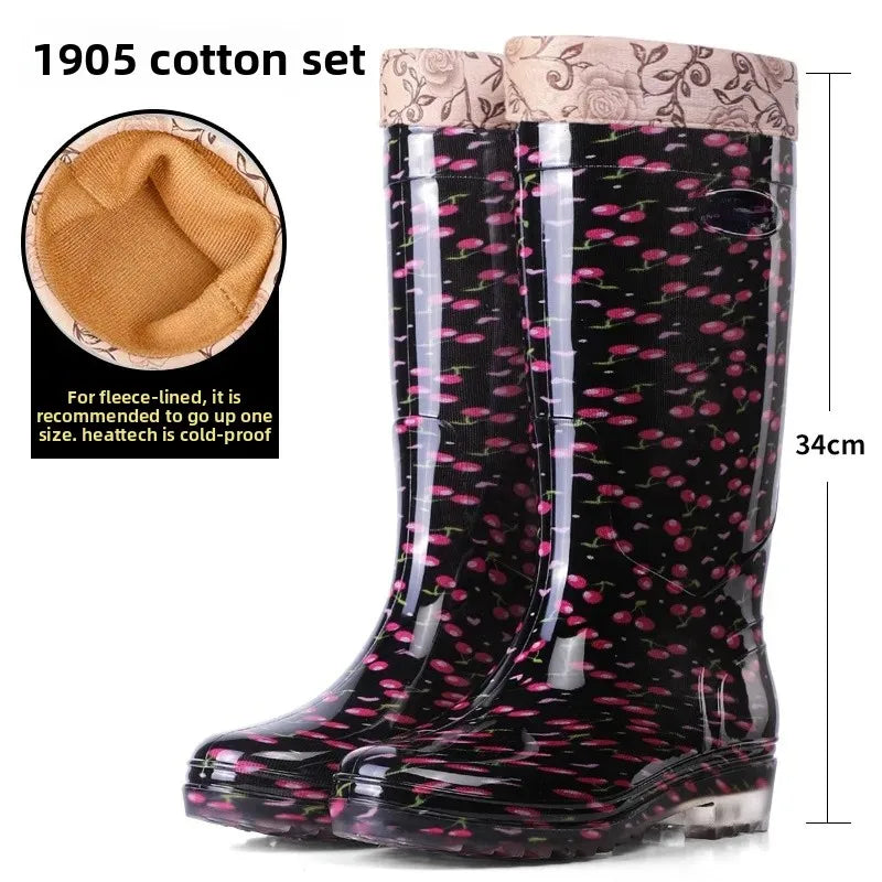 Anti-Slip High-Tube Crystal Flower Ladies Rain Boots PVC Material Kitchen Dining Hall Cleaning Fashionable Water Shoes