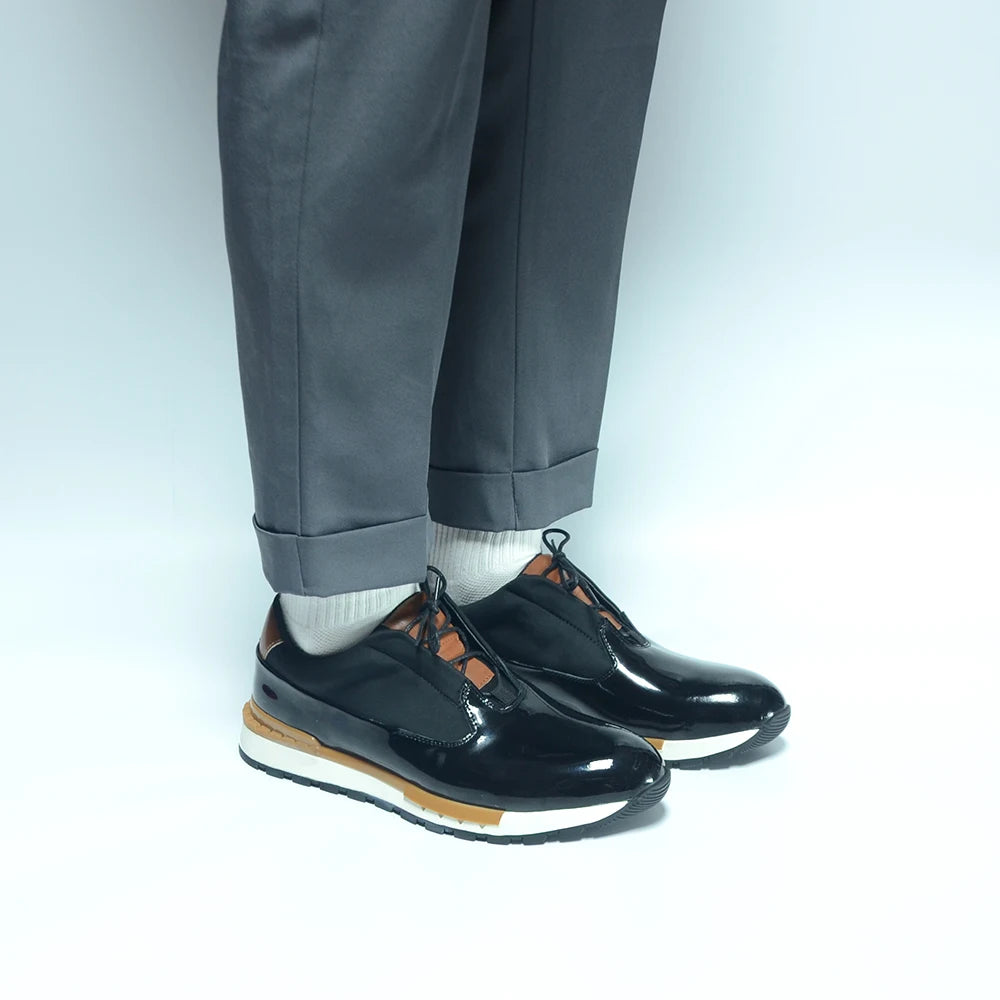 XEBOS Luxury Mens Oxford Sneakers Black Genuine Patent Leather Lace-up Non-slip Sole Smooth Office Party Casual Shoes for Men