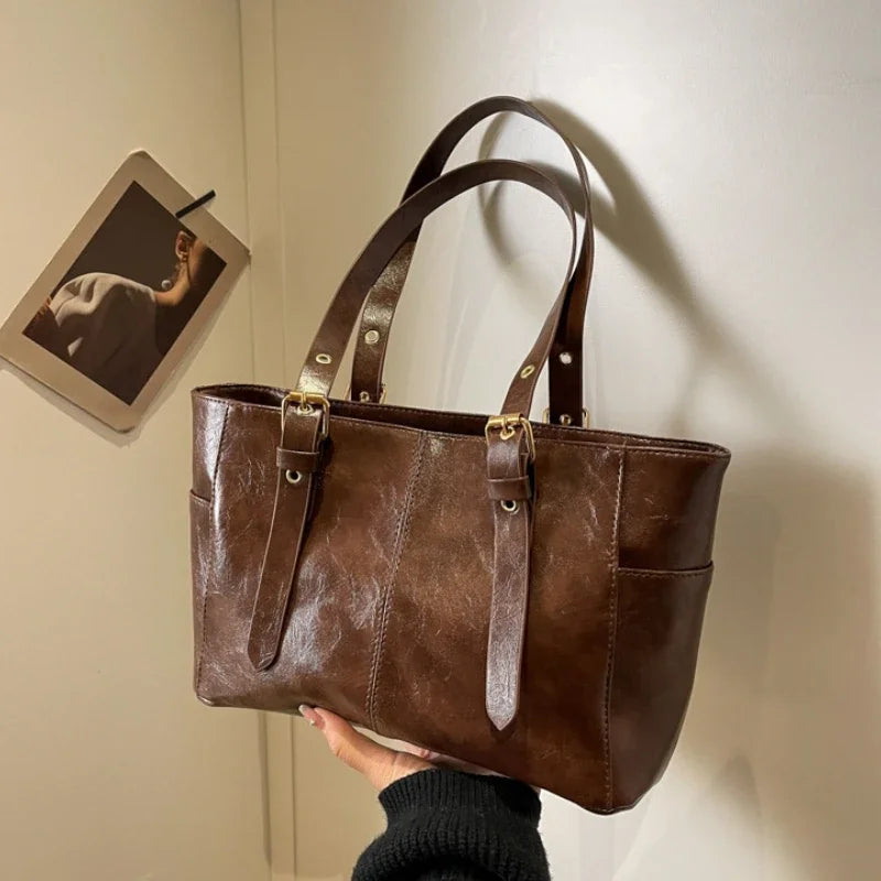 Fashion Retro Women PU Leather Shoulder Bags Trend High End Lady Tote Bag Large Capacity Female's Commuter Bag Handbag Purses
