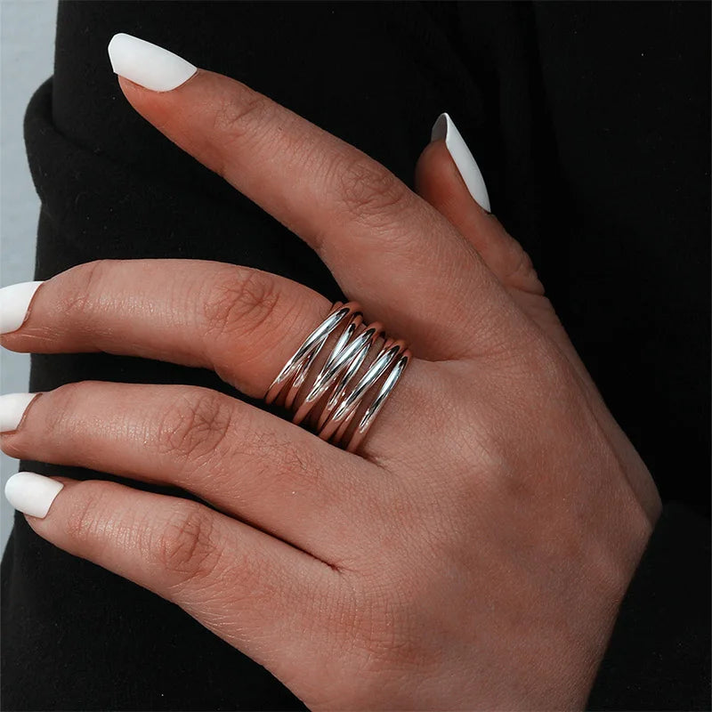 Foxanry Non-fading Gold Color Engagement Rings for Women Couples New Fashion Simple Multilayer Geometric Birthday Party Jewelry