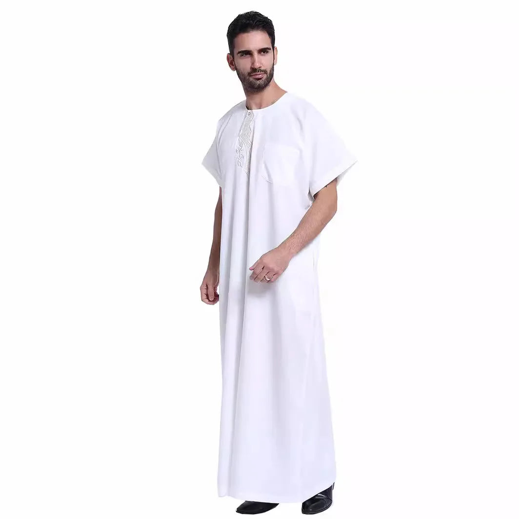 Muslim Kaftan for Men Round Collar Blue White Spring Elegant Robe Arab Vintage Long Sleeves Thobe Robe Turkey Embroidered