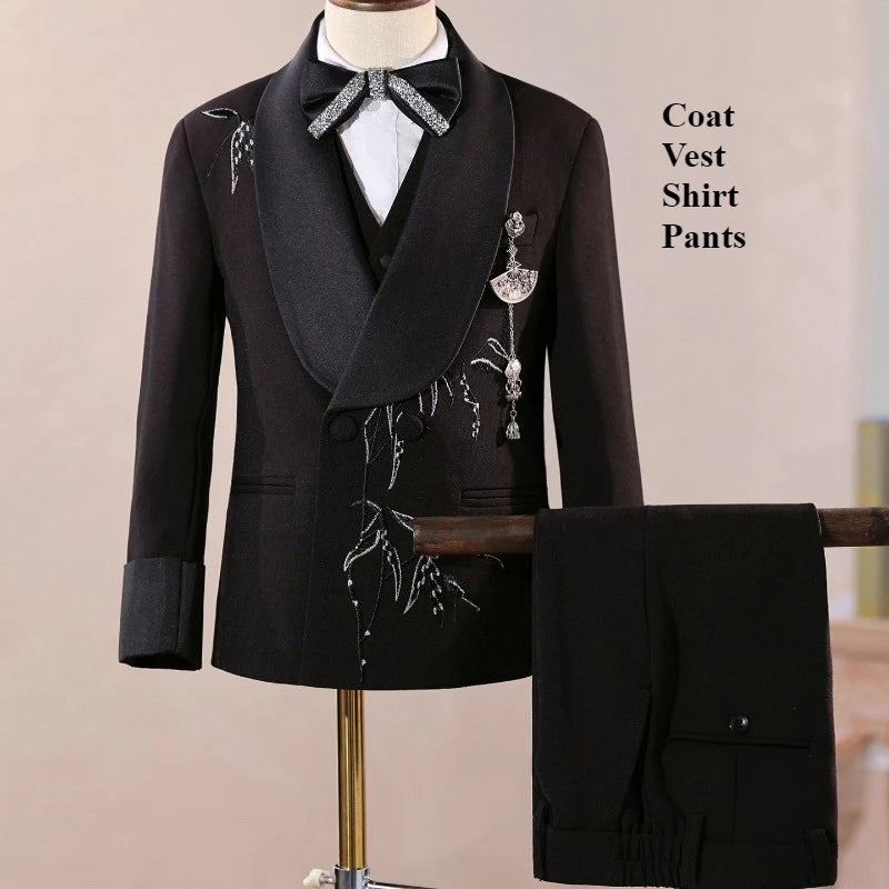 Boys Black Suit Three Piece Set Performance Gown Host Formal Wear Choir Stage Costume Birthday Party Evening Celebration Clothes