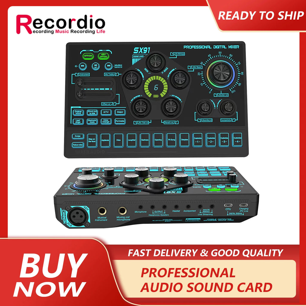 GAX-SX91 Professional Multiple Effects Live XLR Sound Card Audio Interface With 48v for Live Streaming Tiktok Gaming
