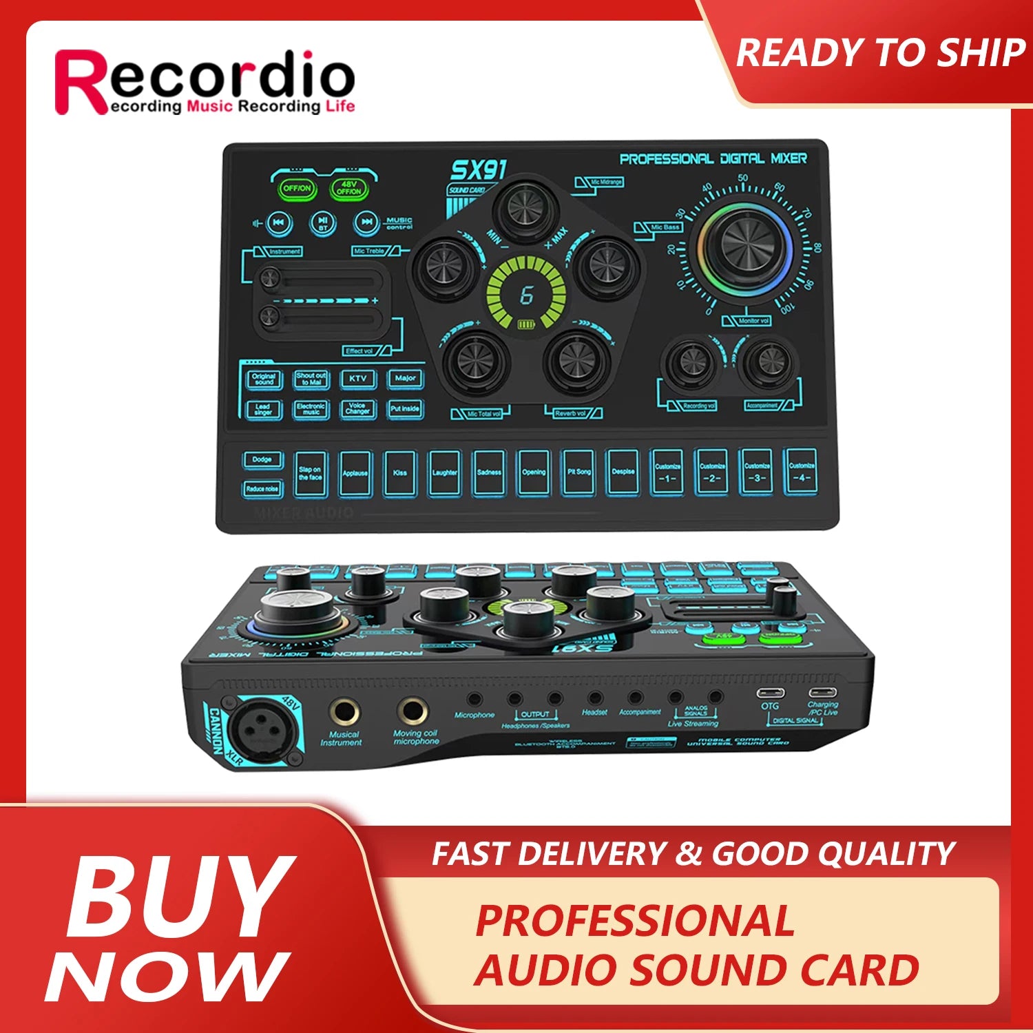 GAX-SX91 Professional Multiple Effects Live XLR Sound Card Audio Interface With 48v for Live Streaming Tiktok Gaming