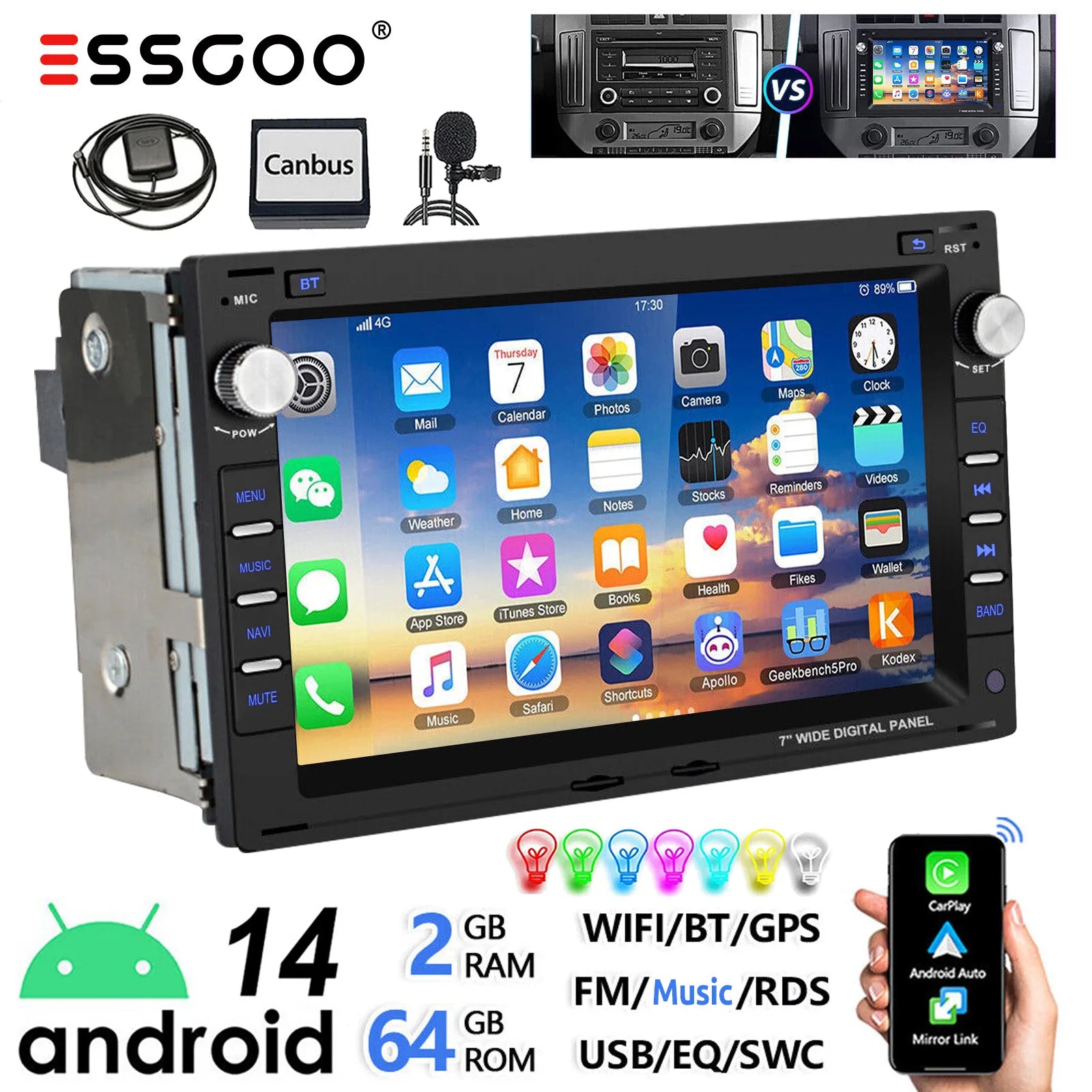 ESSGOO 7" Android 14 2+64G Wireless Apple Carplay Autoradio Für VW Polo 9N Golf 4 Passat B5 T5 GPS NAVI RDS Wifi Bluetooth FM EQ