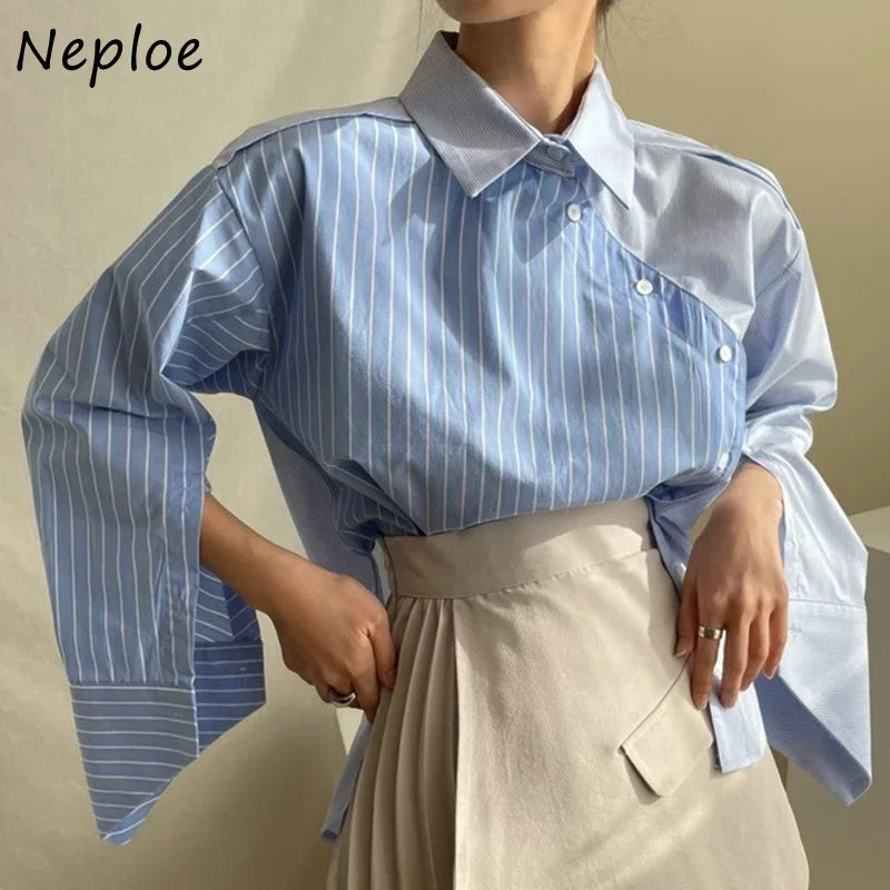 Neploe Korean Irregular Collar Design Long Sleeve Blouse Women Hit Color Striped Patchwork Loose Blusas Spring 2025 New Shirt