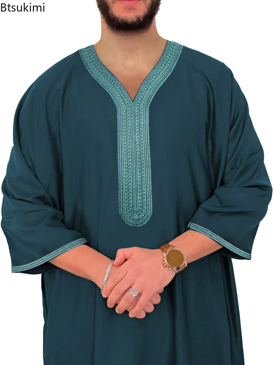 2026 Summer Kaftan Men's Muslim Fashion Abayas Short Sleeve Embroidered Loose Casual Robe Breathable Ethnic Style Moroccan Thobe