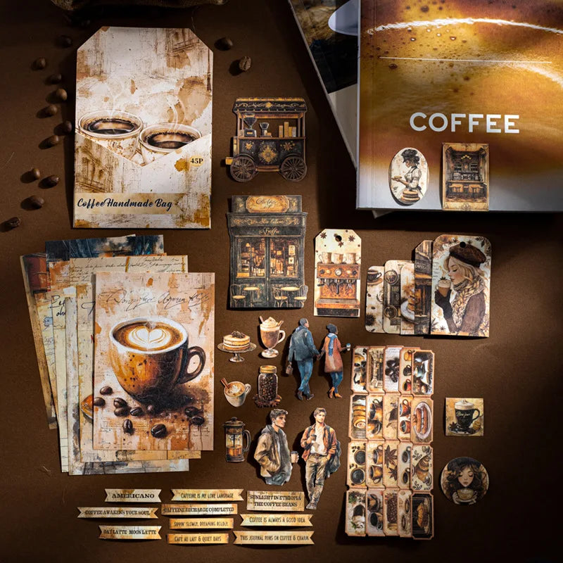 1pack/2pack Coffee Journal Kit Series  CoffeeThemed Retro Journal Supply Kit Large Quantity 45 Sheets with 4 Styles