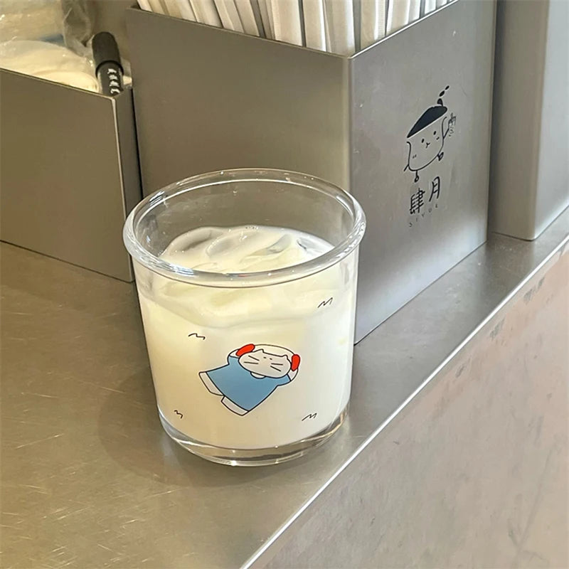 Kawaii Glass Cups Tumbler Iced Coffee Cup Aesthetic Cute Cat Korean Drinking Glasses Cups For Juice Beer Milk Tea Wine 400ml