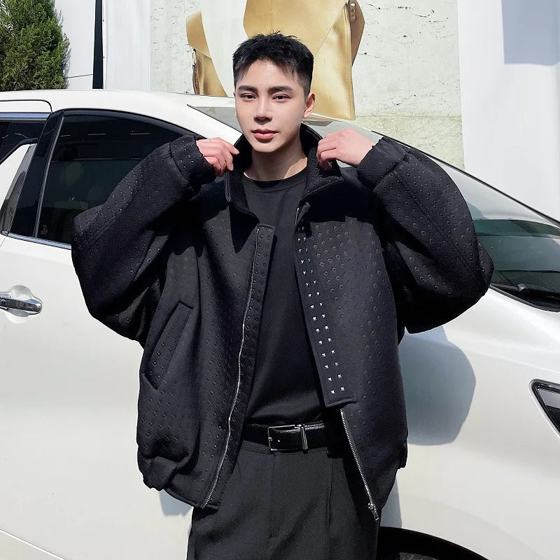 Metal Rivet Design Loose Fit Stand Collar Zipper Jaet Men's Outerwear Casual Winter Coat Youth Trend Polyester Fabric