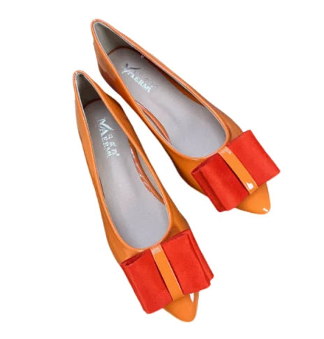 Women Shiny Leather Pointy Tip Slip-On Orange Green Flat Shoes Leathers Low Top Chaussures Bow 34 48 Skinny Shoes For Slim Feet