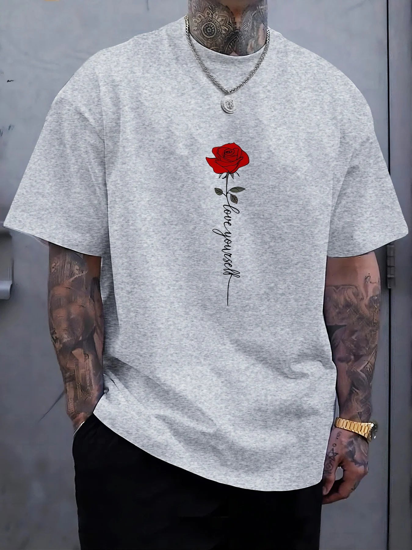 Men's summer 100 cotton fashionable casual sports loose red rose pattern printed round neck short sleeved T-shirt top