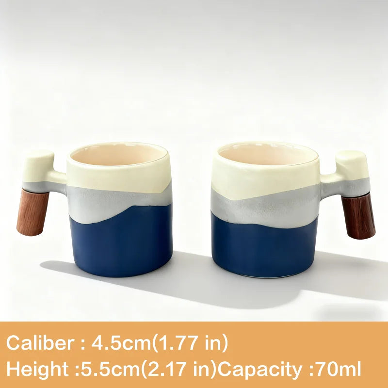 70ml Ceramic Coffee Cup with Wooden Handle - Vintage Kiln-Fired Style, Reusable, Hand Wash Only, Suitable for Office and Home Use, Perfect Birthday Gift, Coffee Bar Accessory, Espresso Cup, Coffee Mug