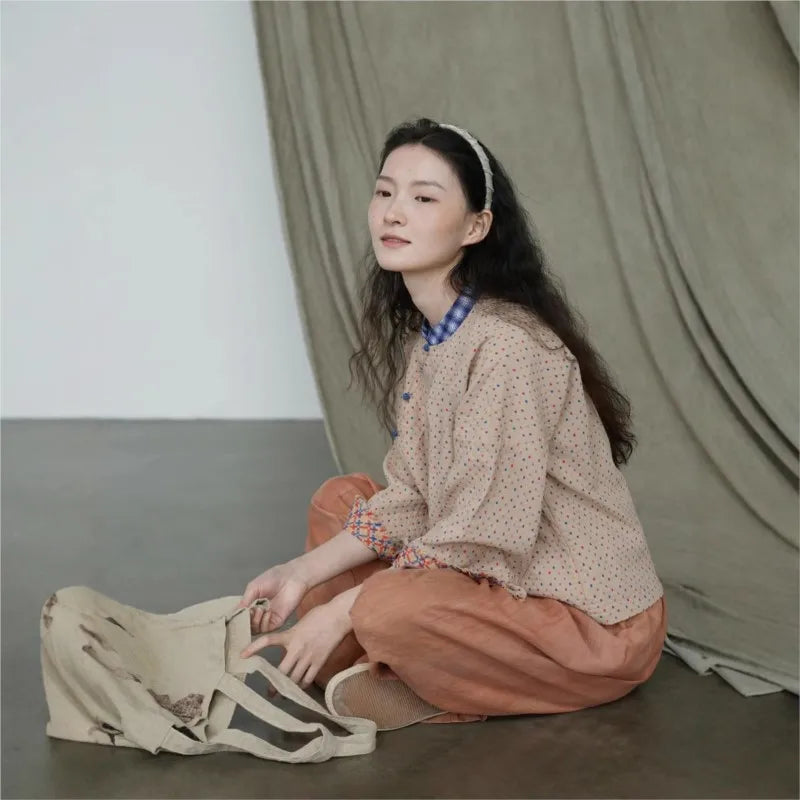 Johnature Women Vintage Cotton Shirts And Tops Polka Dot Stand Chinese Style Blouses 2025 Spring New Seven Sleeve Female Shirts
