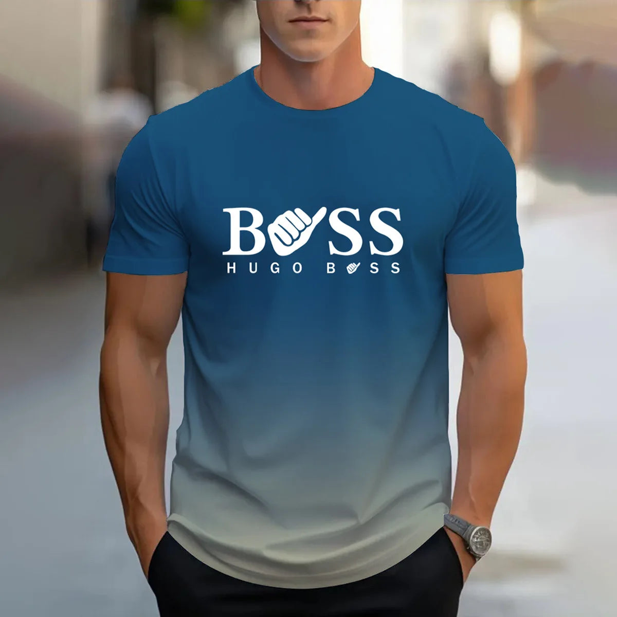 men's summer clothing casual gradient color short sleeved digital letter printed casual versatile round neck T-shirt top for men