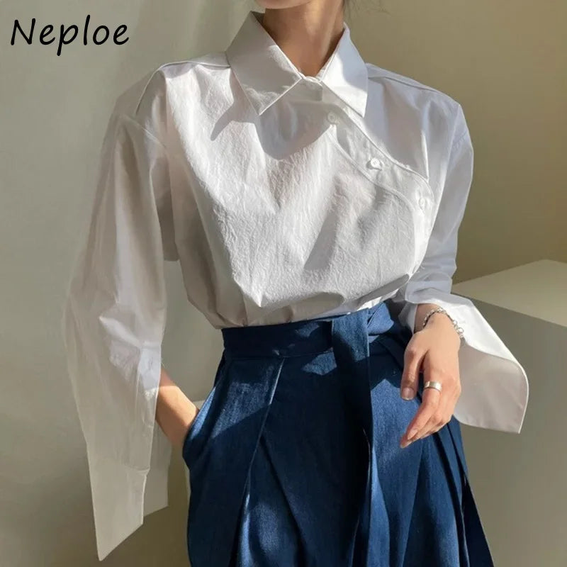 Neploe Korean Irregular Collar Design Long Sleeve Blouse Women Hit Color Striped Patchwork Loose Blusas Spring 2025 New Shirt