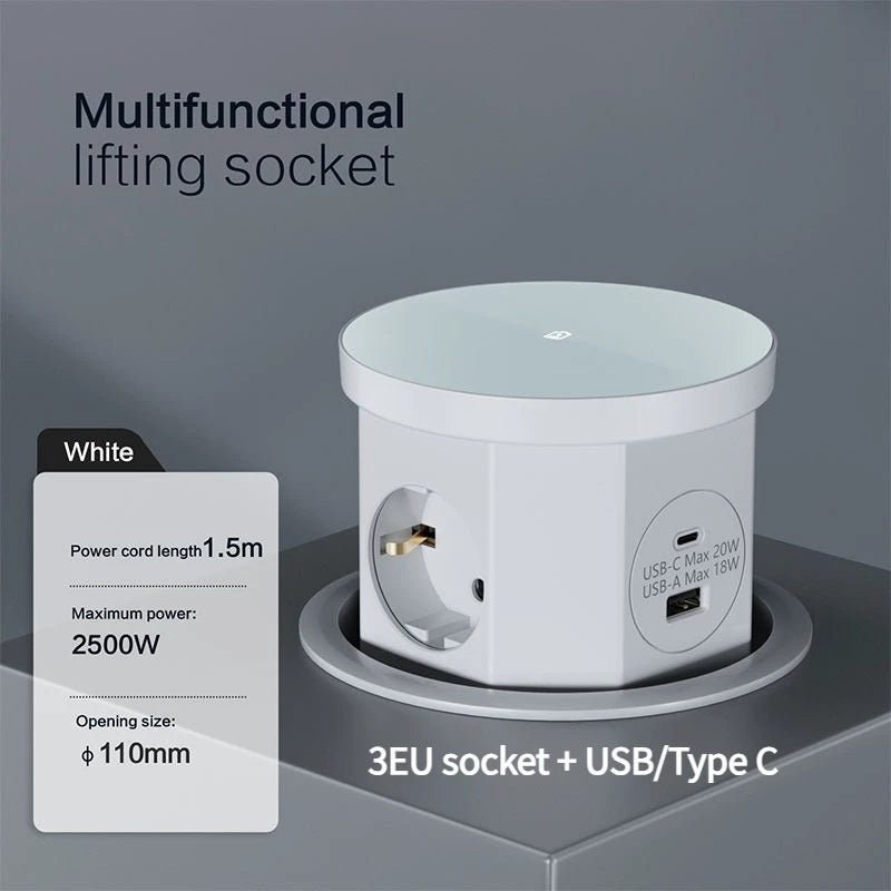 YINKA  Pop Up Table Socket Lifting Socket, USB Type-C Outlet, EU Socket, 15W Wireless Charge, Desktop Hidden Lifting Socket