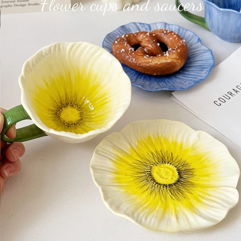 350Ml Ceramic Flower Coffee Cup Design Sense Niche Women High Value Latte Cups Beautiful  Saucer Set  Tea Cup Set Coffee Mug