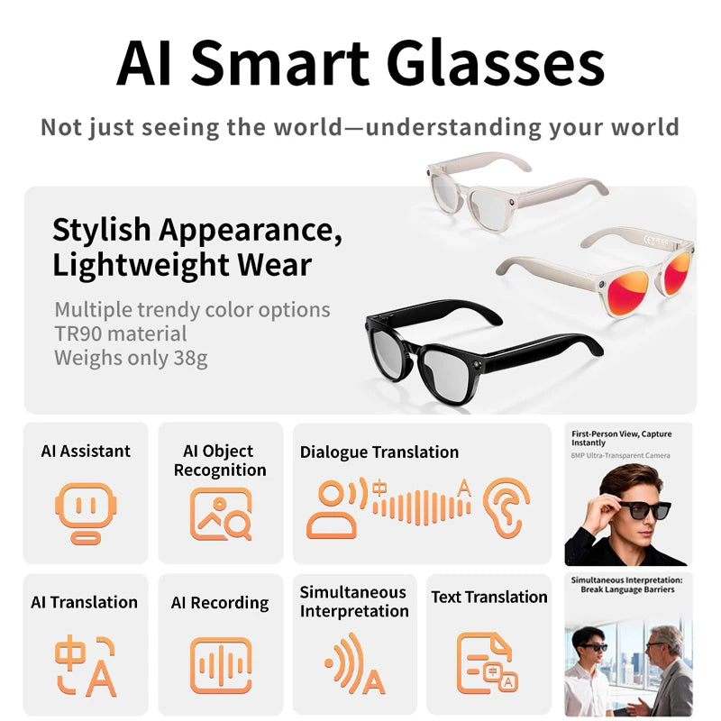 4K HD Smart AI Glasses 1080P 800W pixel AI Shooting Camera HD Photo Video Voice Call Translation Waterproof Bluetooth AI Glasses