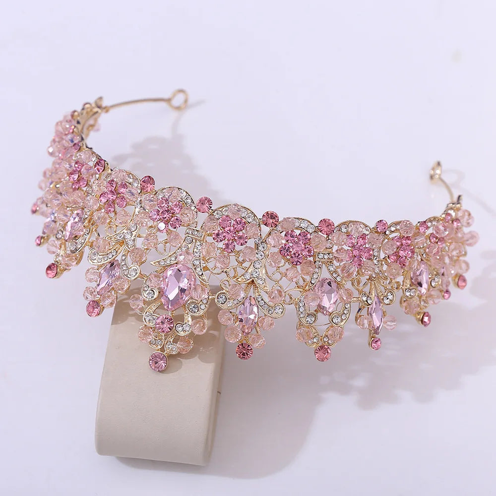 Luxury Handmade Pink Purple Crystal Beads Bridal Tiara Rhinestone Pageant Crowns Diadem Headpiece Wedding Hair Dress Accessories