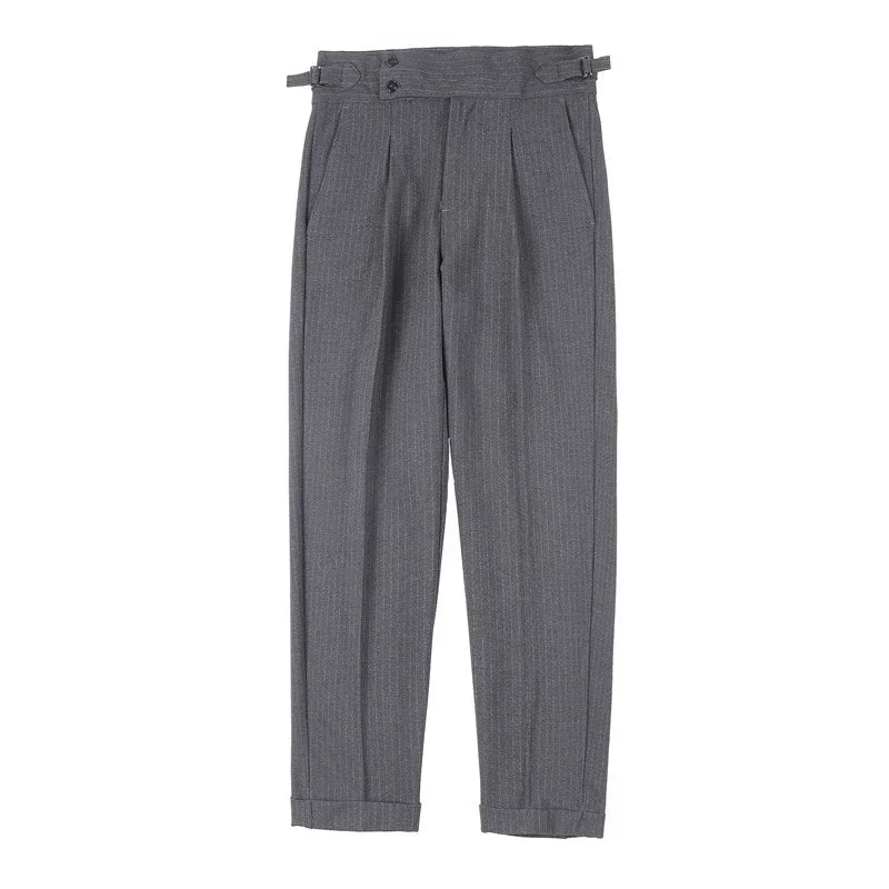 British Style Fall New High Waist Dress Pants Men Belt Design Stripes Slim Suit Pants Formal Wedding Social Party Male Trousers