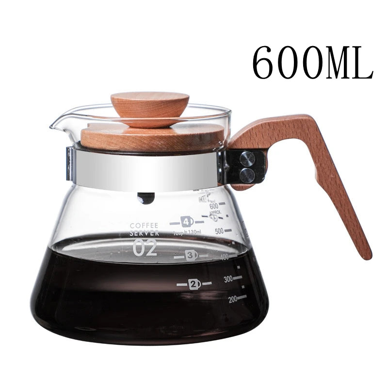 400/600ML Glass Pouring Cup Coffee Server with Wooden Handle High Borosilicate Glass Hand Brewed Coffee Sharing Pot