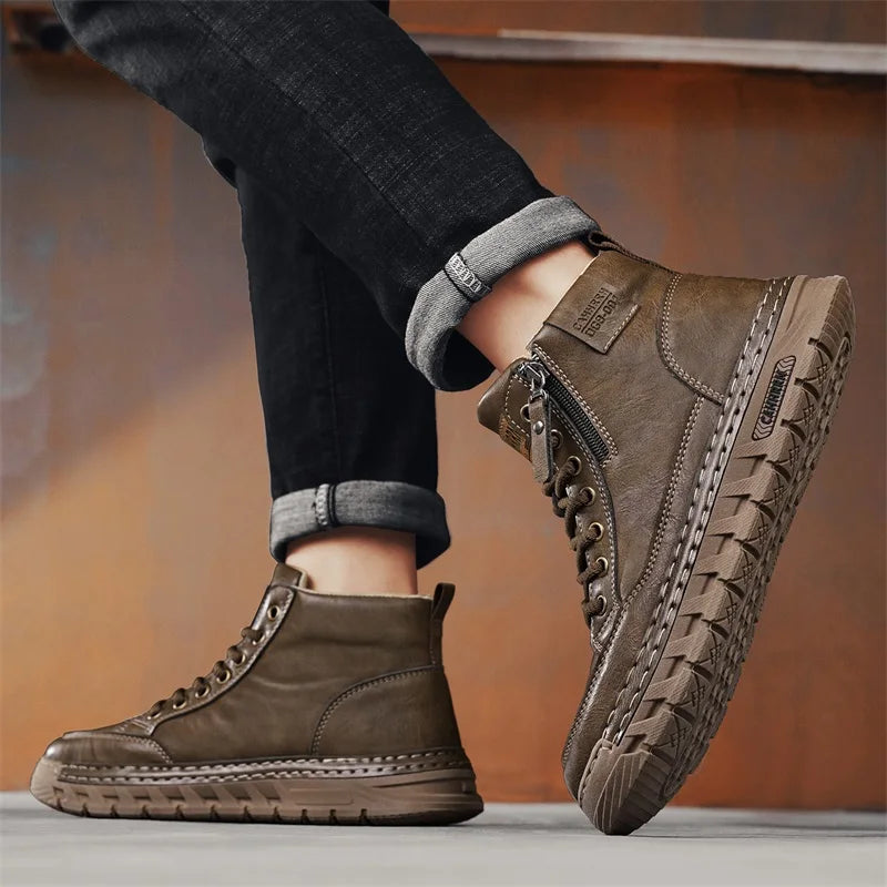 Mens High Top Leather Ankle Boots Comfortable Motorcycle Boots Non Slip Walking Training Shoes Botas Outdoor Treking Footwear