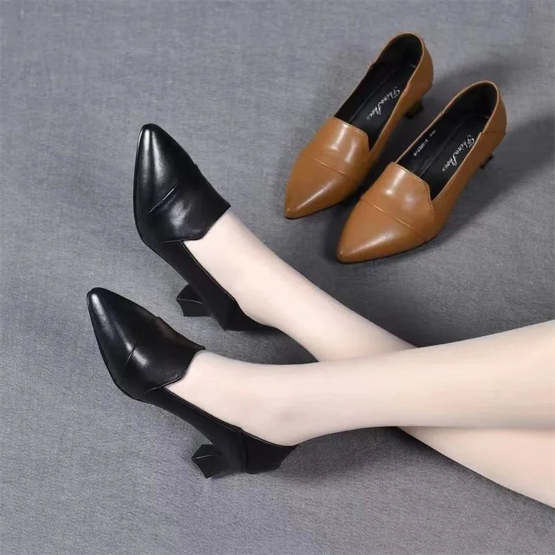 New Women Pumps Pu Leather Work Shoes Soft Chumly High Heels Women Pointed Toe Pumps Casual Slip on Solid Heels Women Shoes