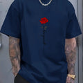 Men's summer 100 cotton fashionable casual sports loose red rose pattern printed round neck short sleeved T-shirt top