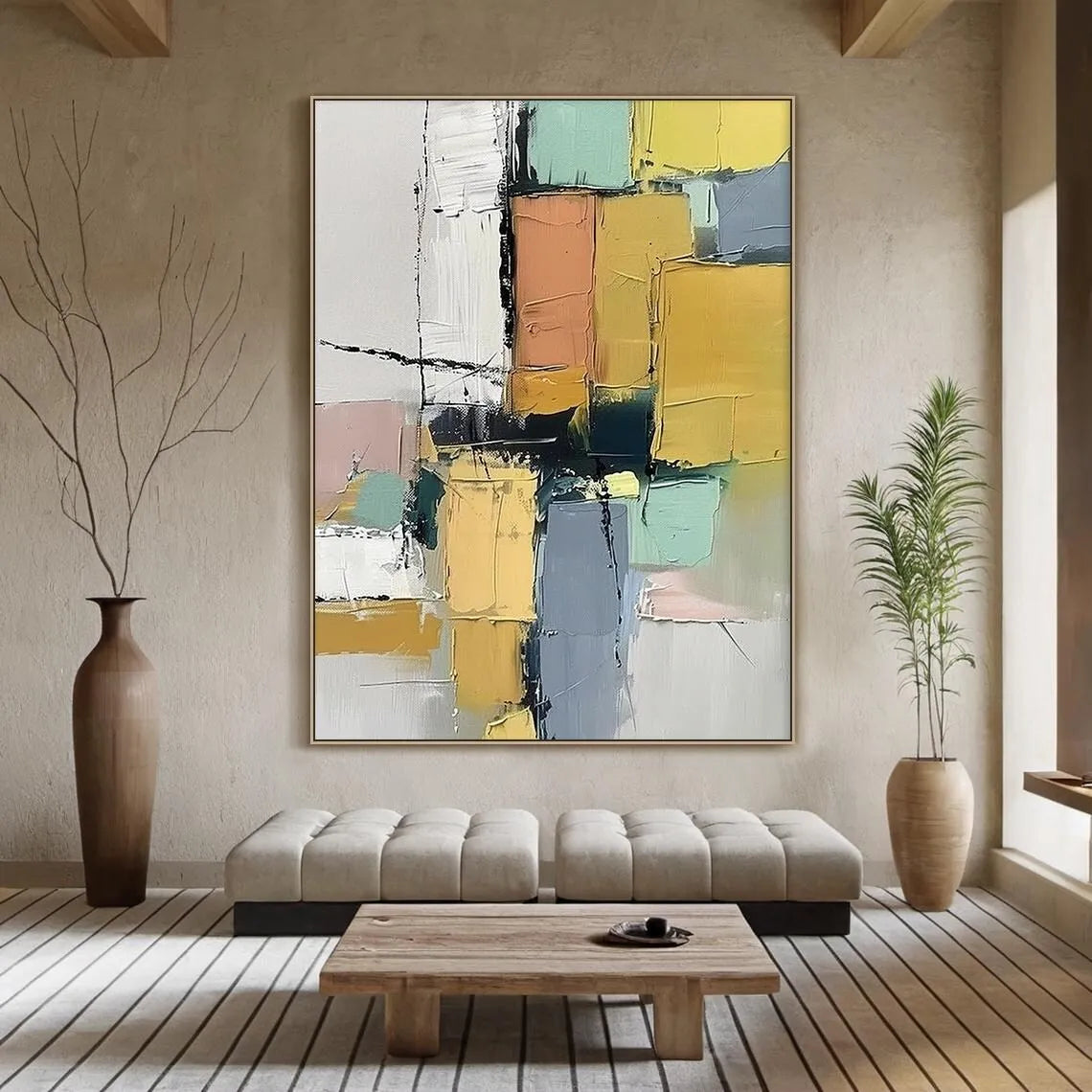 3D Beige Large Canvas Abstract Handmade Oil Painting Brown Simple Wall Art Textured Geometric Art Wall Decor Living Room Deco