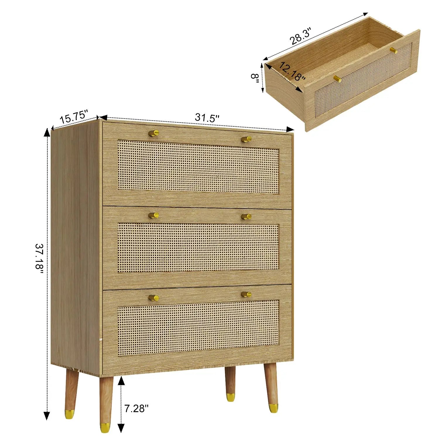 3 Drawer Solid Wooden Rattan Dresser for Bedroom Hallway or Living Room with Spacious Storage and Metal Handles Oaken Color