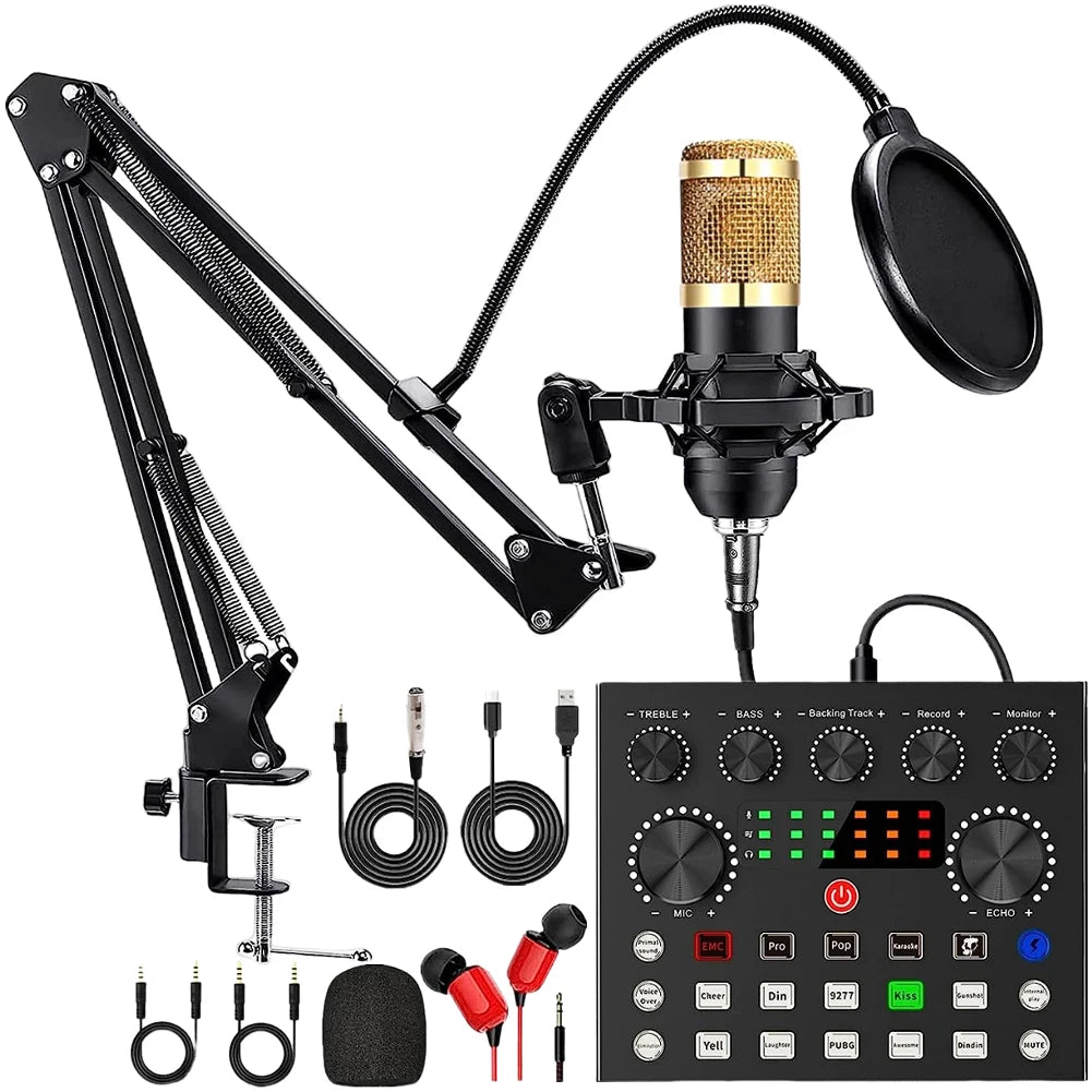 Podcast Equipment with BM800 Microphone and V8 Sound Card Podcast Microphone Bundle Metal Shock Mount  for Phone PC DJ