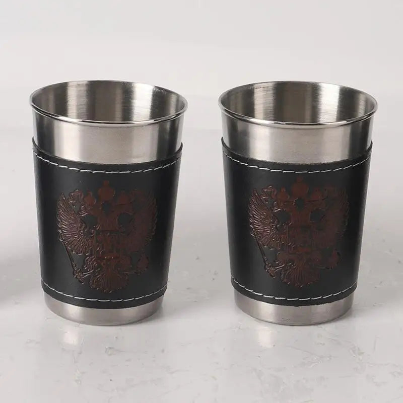 4Pcs/Set Portable Coffee Wine Beer Whisky Cup Camping Tableware Outdoor Travel Cups Stainless Steel Cup With PU Leather