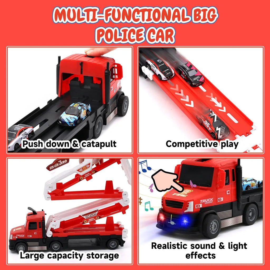 TALGIC Car Transporter Toy Truck for Toddlers 3-5 with 55-Inch Ejection Race Track with 6 Race Cars Gift for Kids Ages 3-5, 4-8