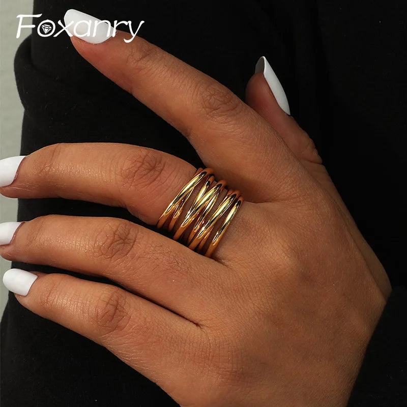 Foxanry Non-fading Gold Color Engagement Rings for Women Couples New Fashion Simple Multilayer Geometric Birthday Party Jewelry
