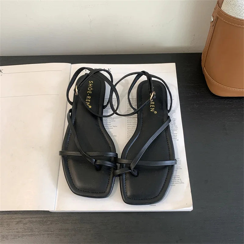 Summer Gladiator Women Sandals Fashion Elegant Narrow Band Clip Toe Shoes Ladies Comfort Flats Beach Sandalias
