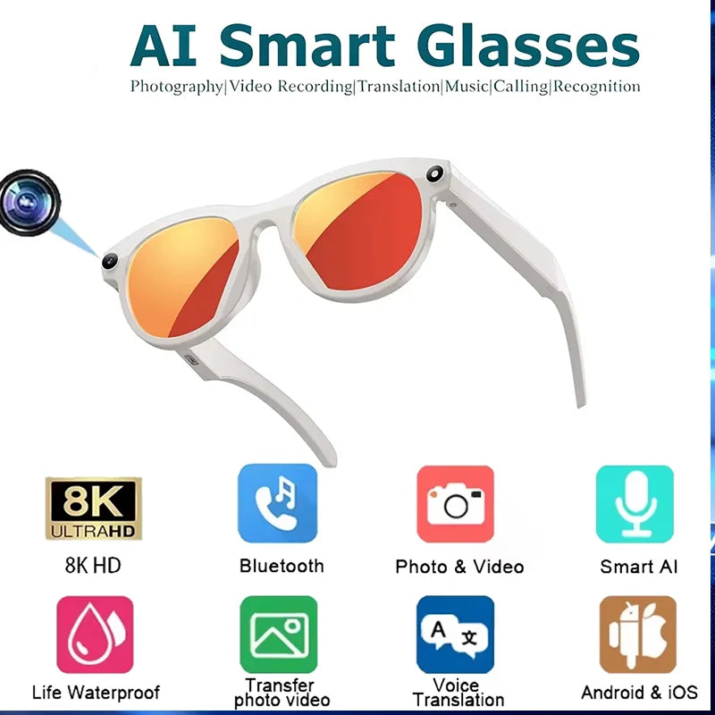 AI Smart Glasses 8K HD Camera 1200W Pixels SunGlasses Multifunctional Bluetooth Call Voice Assistant Music Translation Glasses