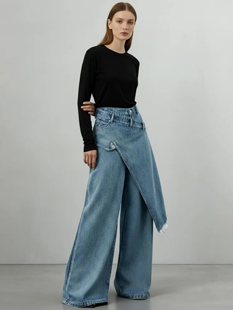 Missuoo 2026 New Women's Light Blue Asymmetrical Wide-Leg Jeans Spring Summer Casual Daily Trendy Pants Streetwear Trousers