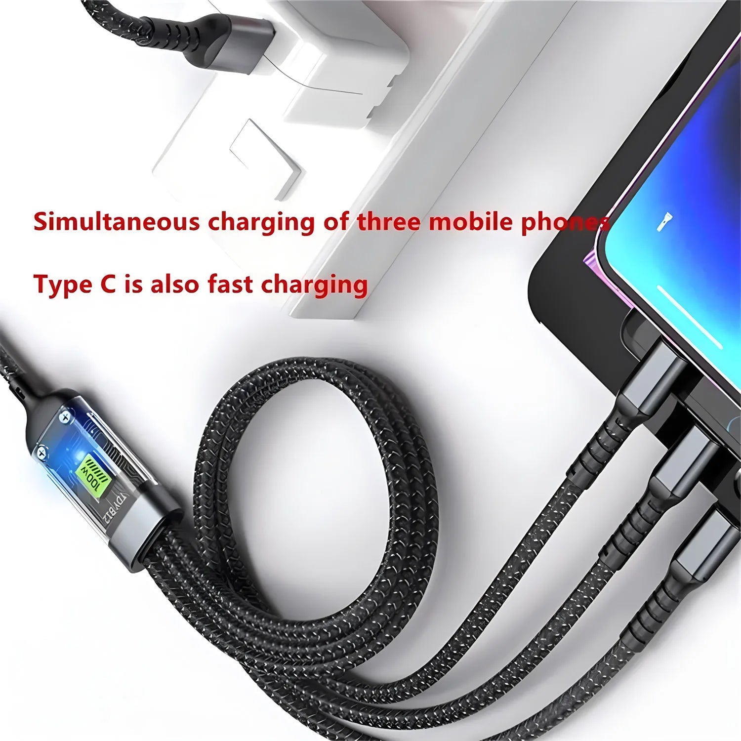 100W Fast Charging Cable Multi Charger Cable Nylon Braided Multiple USB Universal 3 in 1 Charging Cord Adapter with Type-C Micro - Free Item.