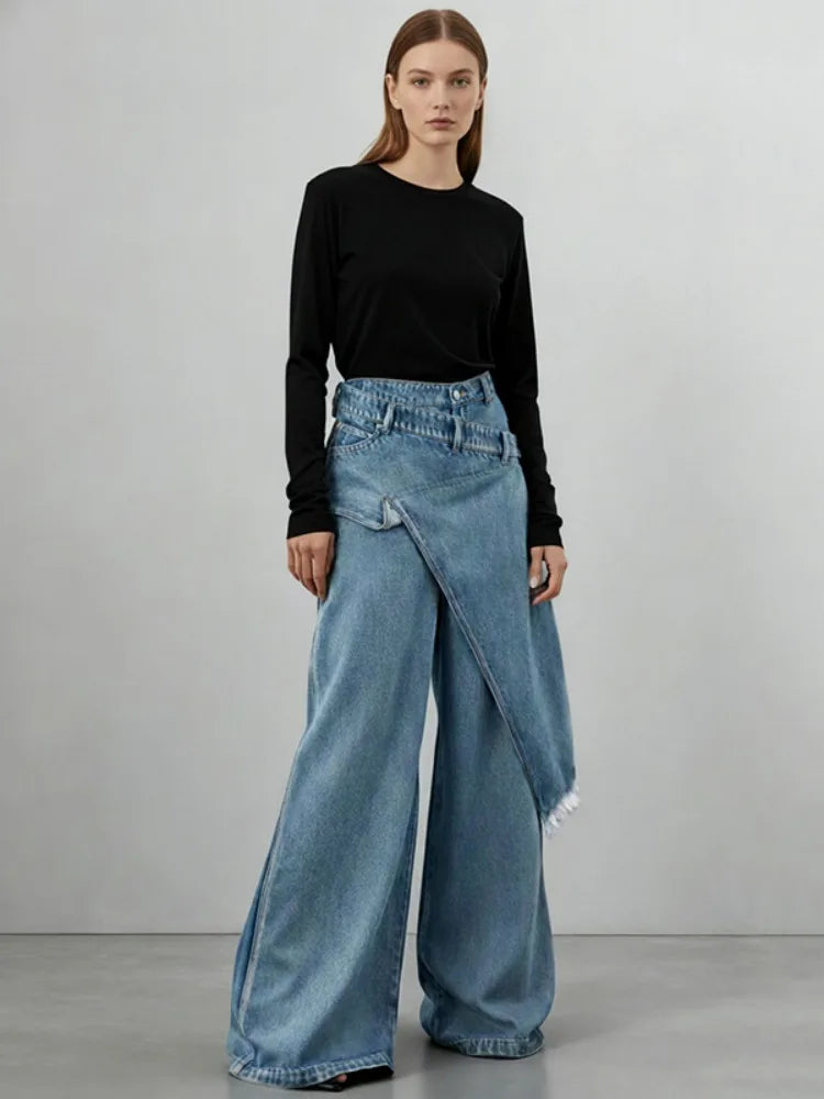 Missuoo 2026 New Women's Light Blue Asymmetrical Wide-Leg Jeans Spring Summer Casual Daily Trendy Pants Streetwear Trousers