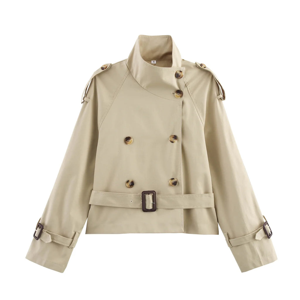Khaki Short Style Fashionable Casual Design Spring Autumn Women's Windbreaker Coat Street Trend Street Style Double Breasted - 50% off.